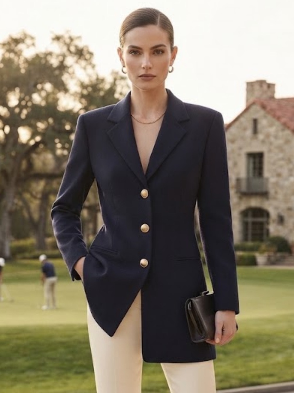 Escada Laurel Division Navy Blue Virgin Wool Longline Blazer Gold Buttons NWOT